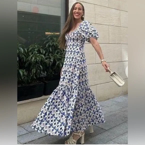 Zara Moroccan tile printed blue dress with balloon sleeves -XL - Picture 5 of 7